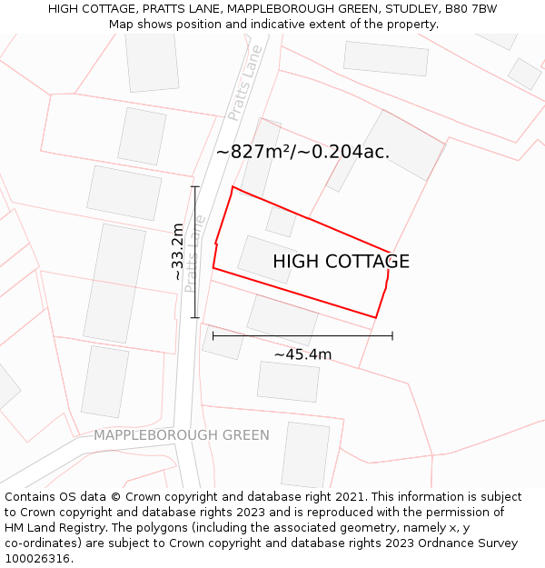 HIGH COTTAGE, PRATTS LANE, MAPPLEBOROUGH GREEN, STUDLEY, B80 7BW: Plot and title map