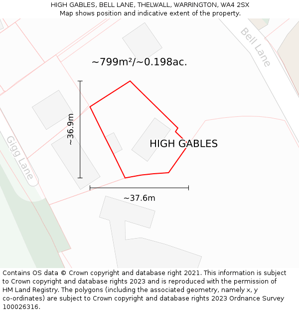 HIGH GABLES, BELL LANE, THELWALL, WARRINGTON, WA4 2SX: Plot and title map