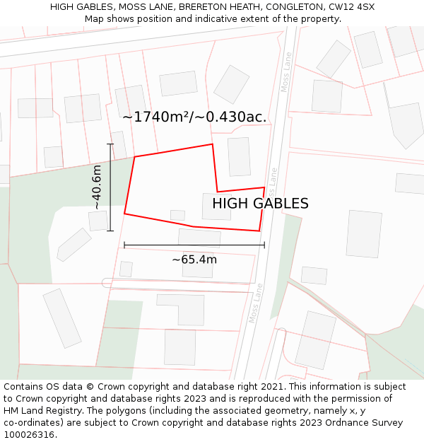 HIGH GABLES, MOSS LANE, BRERETON HEATH, CONGLETON, CW12 4SX: Plot and title map