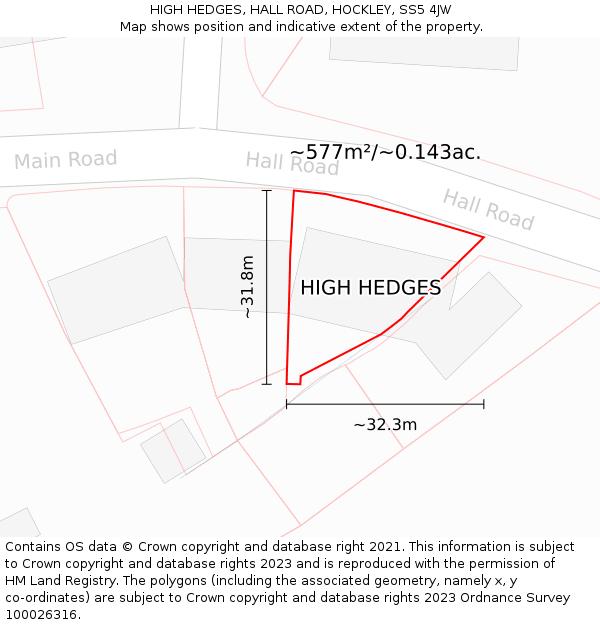 HIGH HEDGES, HALL ROAD, HOCKLEY, SS5 4JW: Plot and title map