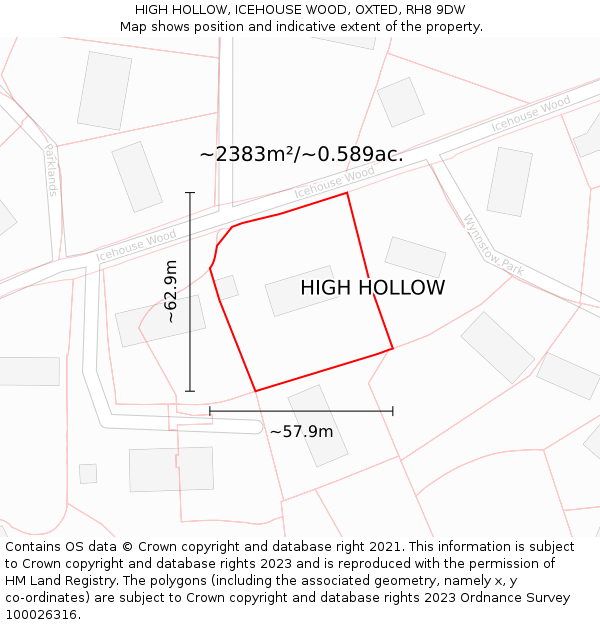 HIGH HOLLOW, ICEHOUSE WOOD, OXTED, RH8 9DW: Plot and title map