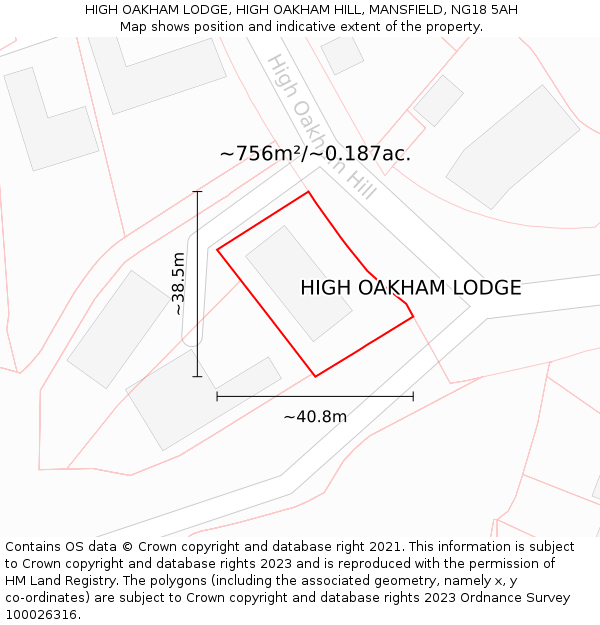 HIGH OAKHAM LODGE, HIGH OAKHAM HILL, MANSFIELD, NG18 5AH: Plot and title map
