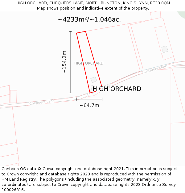 HIGH ORCHARD, CHEQUERS LANE, NORTH RUNCTON, KING'S LYNN, PE33 0QN: Plot and title map