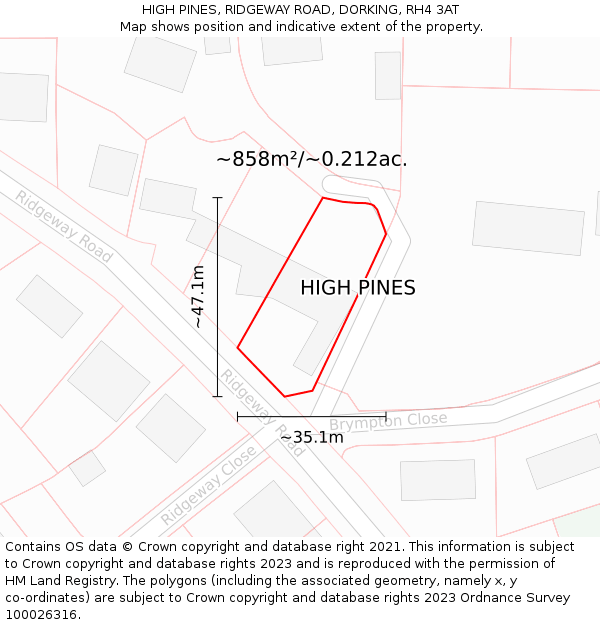 HIGH PINES, RIDGEWAY ROAD, DORKING, RH4 3AT: Plot and title map