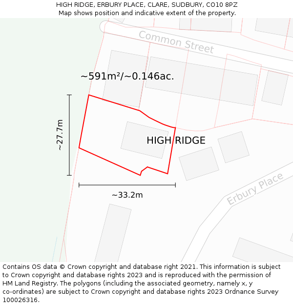HIGH RIDGE, ERBURY PLACE, CLARE, SUDBURY, CO10 8PZ: Plot and title map