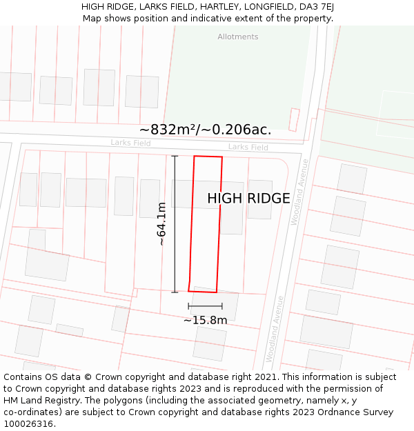 HIGH RIDGE, LARKS FIELD, HARTLEY, LONGFIELD, DA3 7EJ: Plot and title map