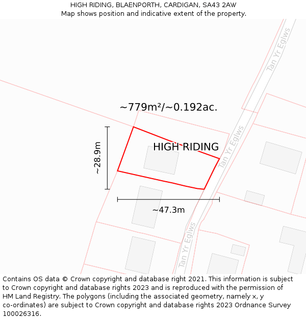 HIGH RIDING, BLAENPORTH, CARDIGAN, SA43 2AW: Plot and title map