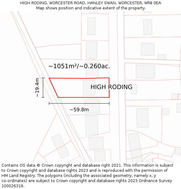 HIGH RODING, WORCESTER ROAD, HANLEY SWAN, WORCESTER, WR8 0EA: Plot and title map