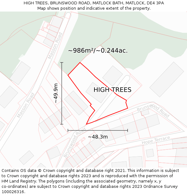 HIGH TREES, BRUNSWOOD ROAD, MATLOCK BATH, MATLOCK, DE4 3PA: Plot and title map