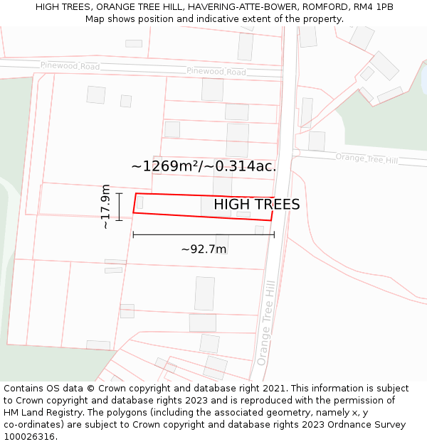 HIGH TREES, ORANGE TREE HILL, HAVERING-ATTE-BOWER, ROMFORD, RM4 1PB: Plot and title map