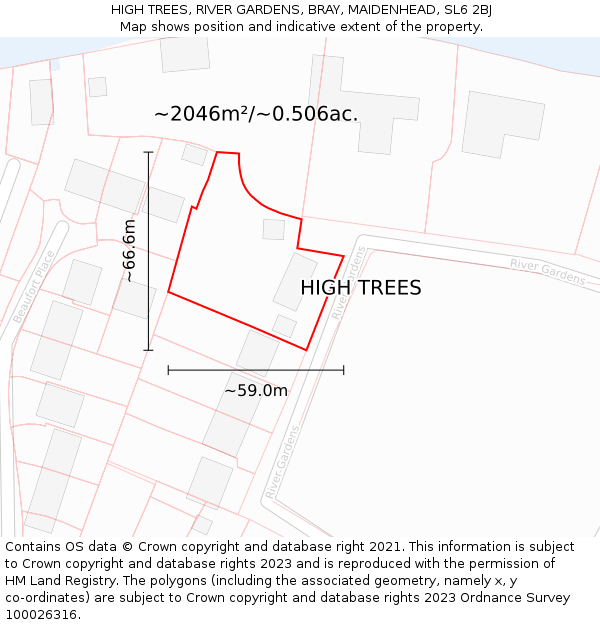HIGH TREES, RIVER GARDENS, BRAY, MAIDENHEAD, SL6 2BJ: Plot and title map