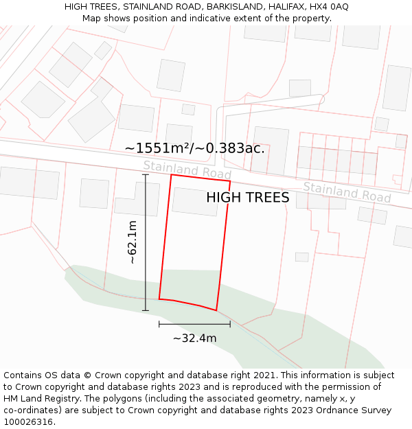 HIGH TREES, STAINLAND ROAD, BARKISLAND, HALIFAX, HX4 0AQ: Plot and title map