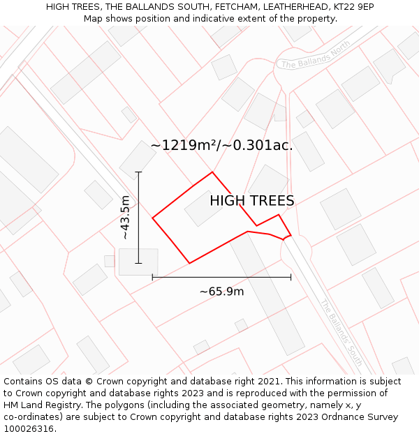 HIGH TREES, THE BALLANDS SOUTH, FETCHAM, LEATHERHEAD, KT22 9EP: Plot and title map