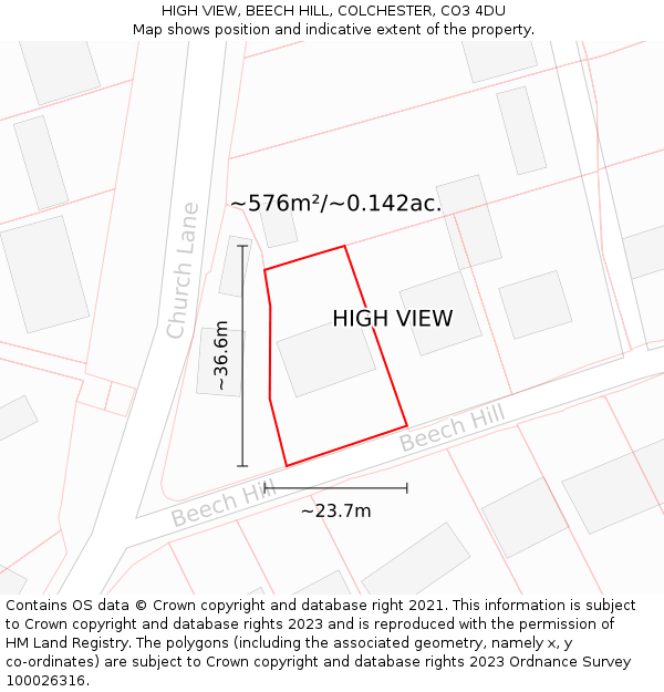 HIGH VIEW, BEECH HILL, COLCHESTER, CO3 4DU: Plot and title map