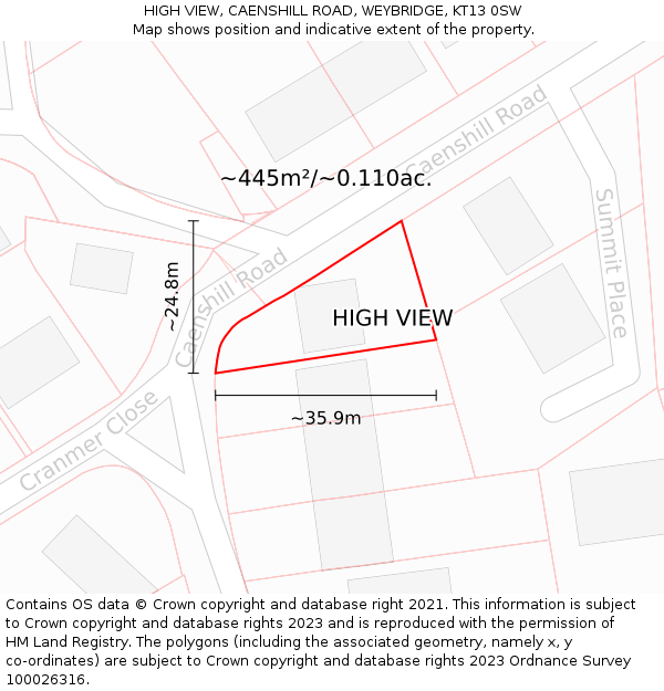 HIGH VIEW, CAENSHILL ROAD, WEYBRIDGE, KT13 0SW: Plot and title map