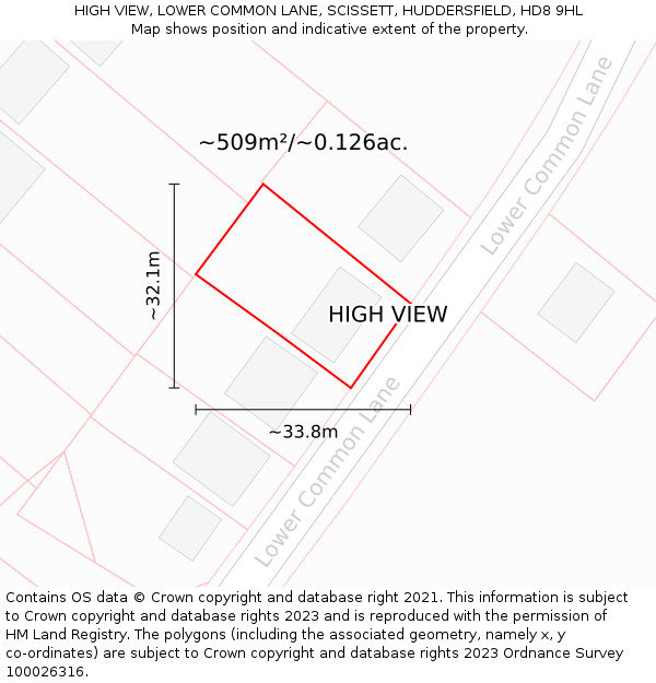 HIGH VIEW, LOWER COMMON LANE, SCISSETT, HUDDERSFIELD, HD8 9HL: Plot and title map