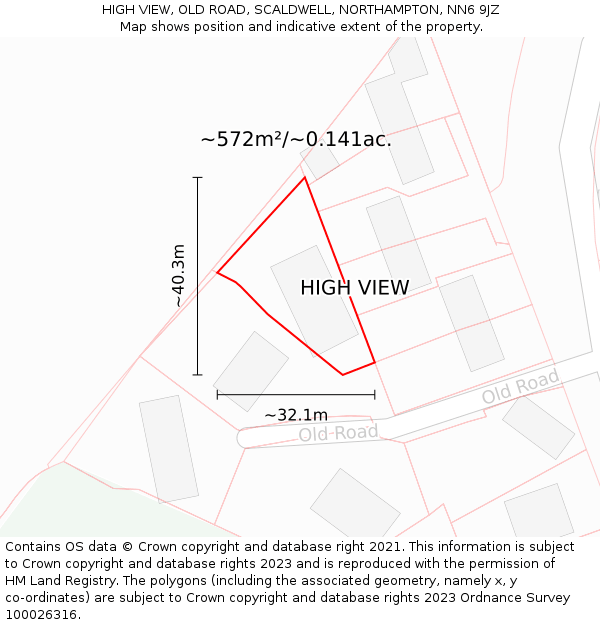 HIGH VIEW, OLD ROAD, SCALDWELL, NORTHAMPTON, NN6 9JZ: Plot and title map