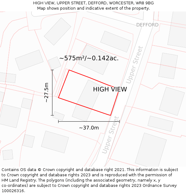 HIGH VIEW, UPPER STREET, DEFFORD, WORCESTER, WR8 9BG: Plot and title map