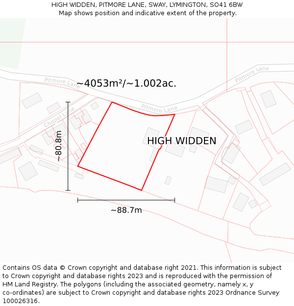 HIGH WIDDEN, PITMORE LANE, SWAY, LYMINGTON, SO41 6BW: Plot and title map