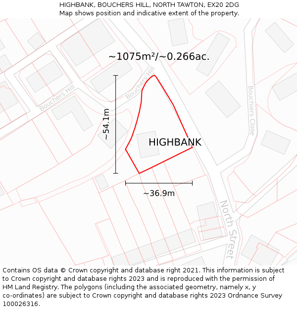 HIGHBANK, BOUCHERS HILL, NORTH TAWTON, EX20 2DG: Plot and title map