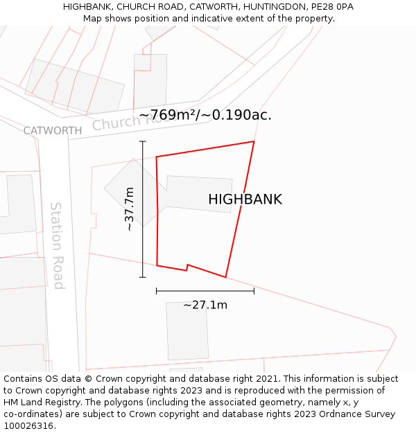 HIGHBANK, CHURCH ROAD, CATWORTH, HUNTINGDON, PE28 0PA: Plot and title map