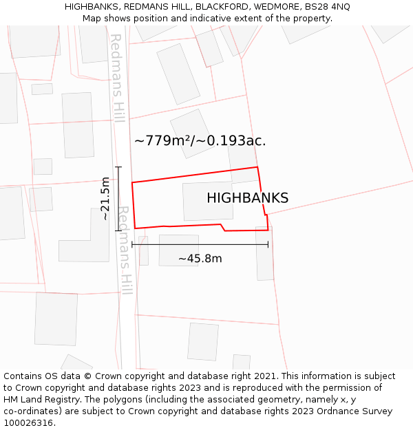 HIGHBANKS, REDMANS HILL, BLACKFORD, WEDMORE, BS28 4NQ: Plot and title map