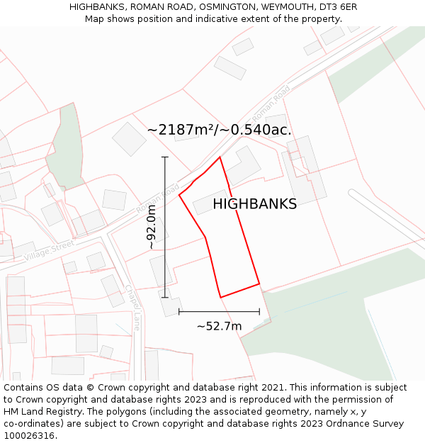 HIGHBANKS, ROMAN ROAD, OSMINGTON, WEYMOUTH, DT3 6ER: Plot and title map