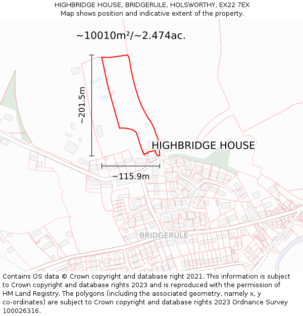 HIGHBRIDGE HOUSE, BRIDGERULE, HOLSWORTHY, EX22 7EX: Plot and title map