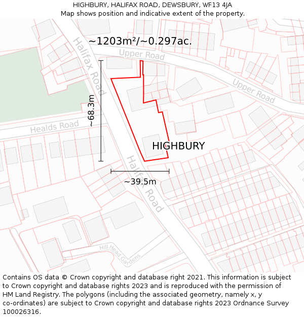 HIGHBURY, HALIFAX ROAD, DEWSBURY, WF13 4JA: Plot and title map