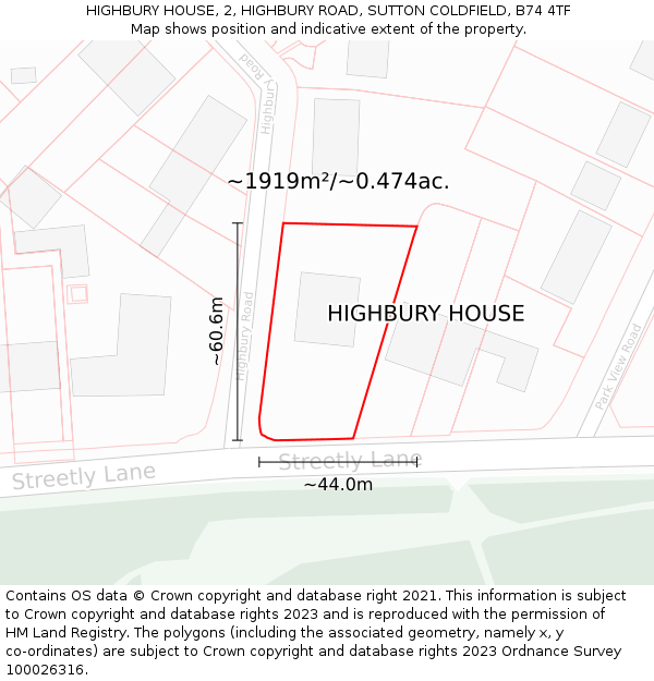 HIGHBURY HOUSE, 2, HIGHBURY ROAD, SUTTON COLDFIELD, B74 4TF: Plot and title map