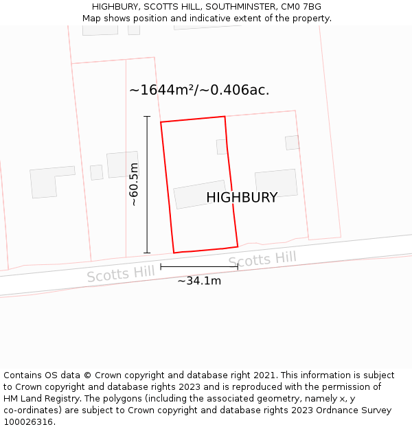 HIGHBURY, SCOTTS HILL, SOUTHMINSTER, CM0 7BG: Plot and title map