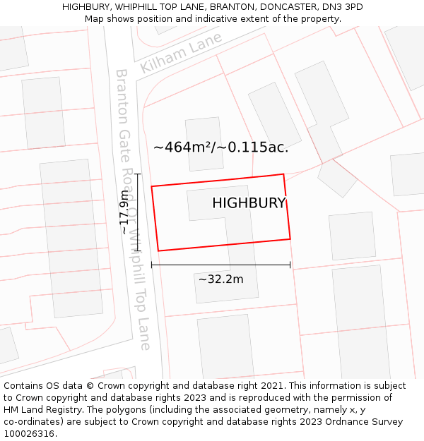 HIGHBURY, WHIPHILL TOP LANE, BRANTON, DONCASTER, DN3 3PD: Plot and title map