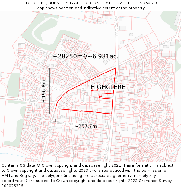 HIGHCLERE, BURNETTS LANE, HORTON HEATH, EASTLEIGH, SO50 7DJ: Plot and title map