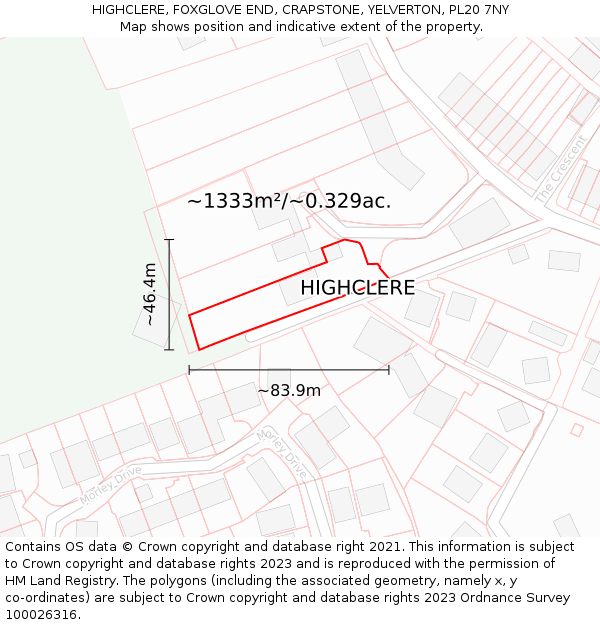 HIGHCLERE, FOXGLOVE END, CRAPSTONE, YELVERTON, PL20 7NY: Plot and title map