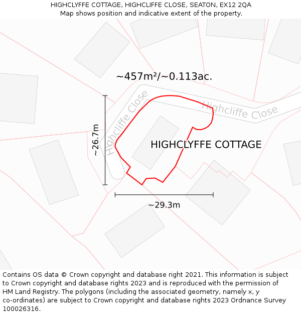HIGHCLYFFE COTTAGE, HIGHCLIFFE CLOSE, SEATON, EX12 2QA: Plot and title map
