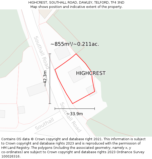 HIGHCREST, SOUTHALL ROAD, DAWLEY, TELFORD, TF4 3ND: Plot and title map