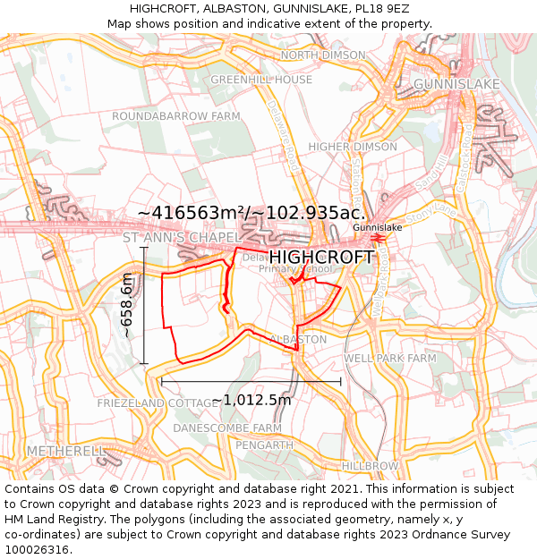 HIGHCROFT, ALBASTON, GUNNISLAKE, PL18 9EZ: Plot and title map