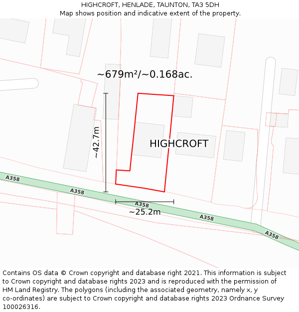 HIGHCROFT, HENLADE, TAUNTON, TA3 5DH: Plot and title map