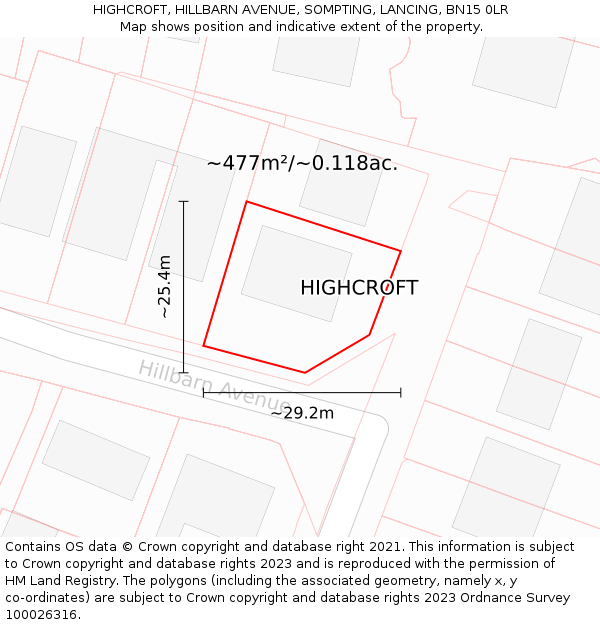 HIGHCROFT, HILLBARN AVENUE, SOMPTING, LANCING, BN15 0LR: Plot and title map