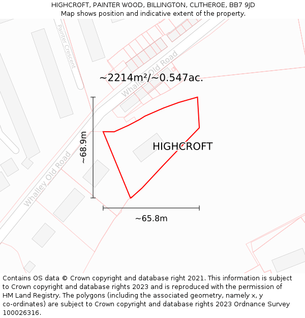 HIGHCROFT, PAINTER WOOD, BILLINGTON, CLITHEROE, BB7 9JD: Plot and title map