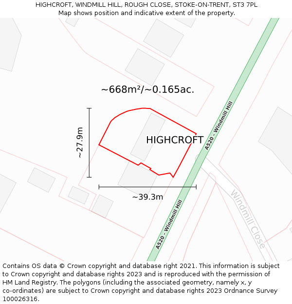 HIGHCROFT, WINDMILL HILL, ROUGH CLOSE, STOKE-ON-TRENT, ST3 7PL: Plot and title map