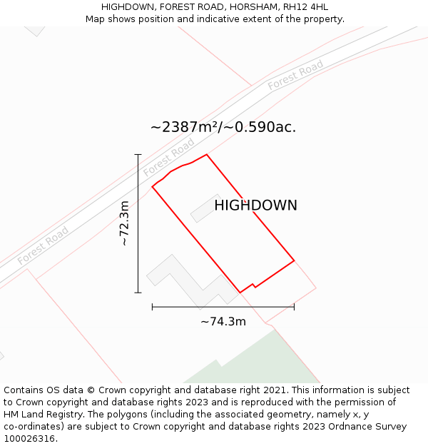 HIGHDOWN, FOREST ROAD, HORSHAM, RH12 4HL: Plot and title map