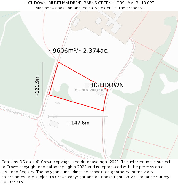 HIGHDOWN, MUNTHAM DRIVE, BARNS GREEN, HORSHAM, RH13 0PT: Plot and title map