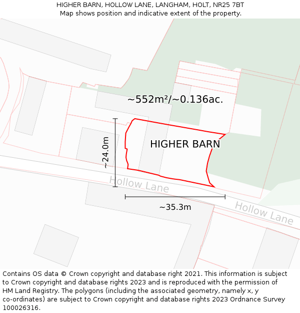 HIGHER BARN, HOLLOW LANE, LANGHAM, HOLT, NR25 7BT: Plot and title map