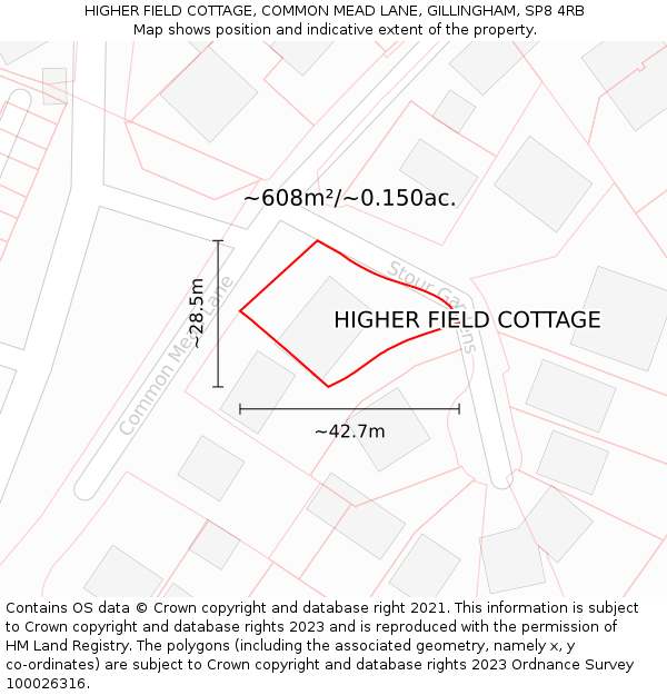 HIGHER FIELD COTTAGE, COMMON MEAD LANE, GILLINGHAM, SP8 4RB: Plot and title map