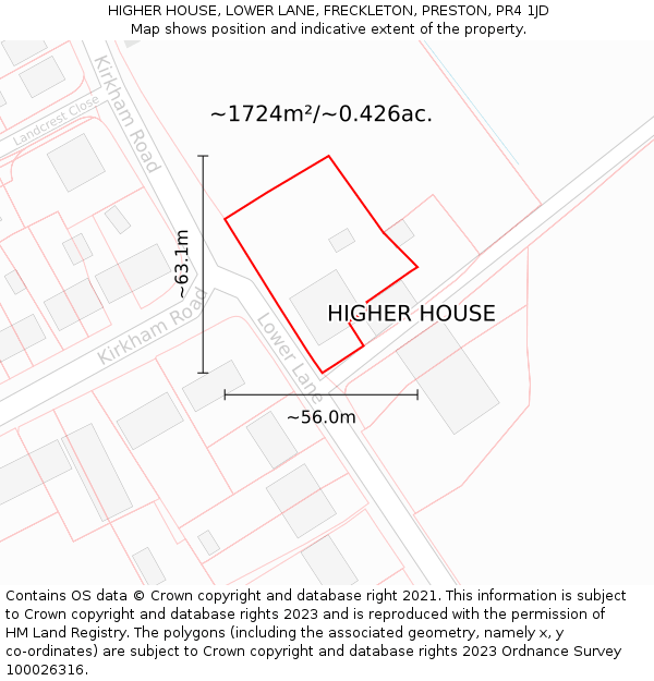 HIGHER HOUSE, LOWER LANE, FRECKLETON, PRESTON, PR4 1JD: Plot and title map