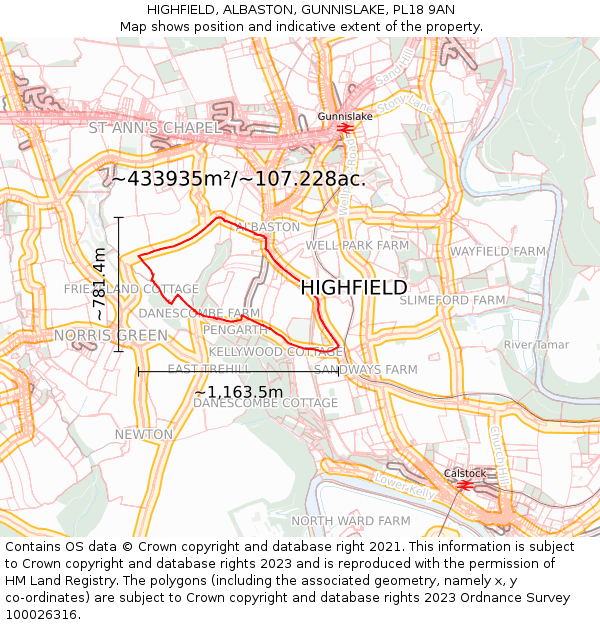 HIGHFIELD, ALBASTON, GUNNISLAKE, PL18 9AN: Plot and title map