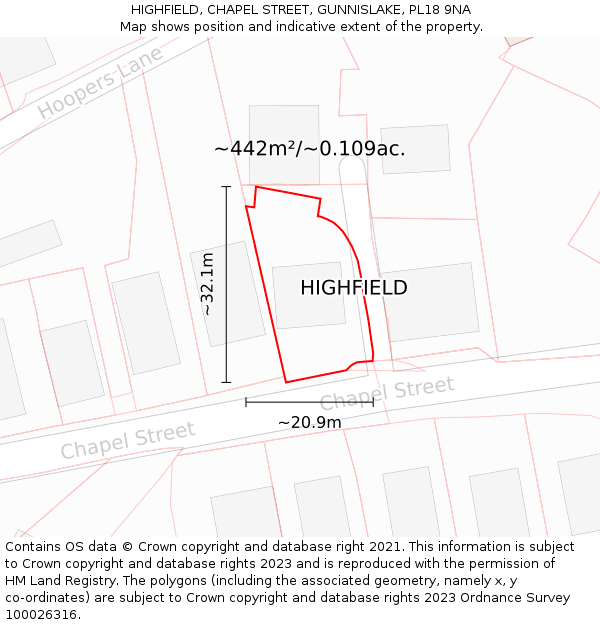 HIGHFIELD, CHAPEL STREET, GUNNISLAKE, PL18 9NA: Plot and title map