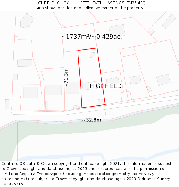HIGHFIELD, CHICK HILL, PETT LEVEL, HASTINGS, TN35 4EQ: Plot and title map