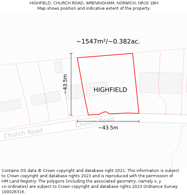 HIGHFIELD, CHURCH ROAD, WRENINGHAM, NORWICH, NR16 1BH: Plot and title map